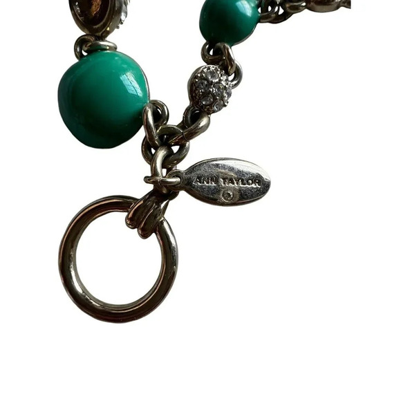 Ann Taylor Gold Tone Turquoise Rhinestone Double Chain Statement Necklace - Picture 7 of 7